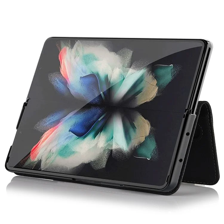 Textured Genuine Leather Case Hand Band Wallet Stand Cover with Pen Slot for Samsung Galaxy Z Fold3 5G - Black