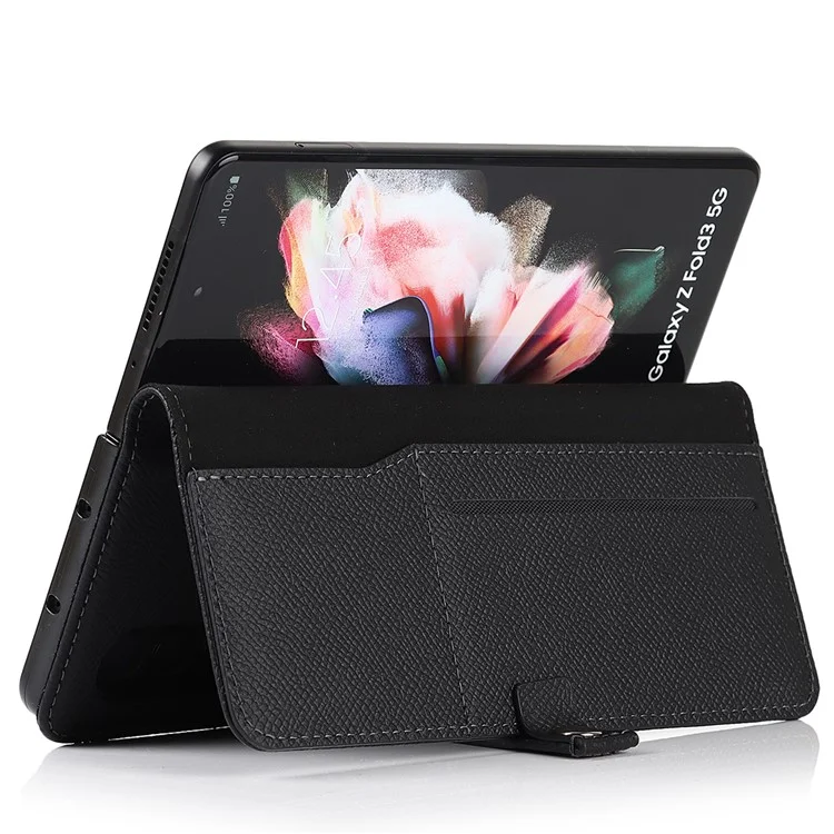 Textured Genuine Leather Case Hand Band Wallet Stand Cover with Pen Slot for Samsung Galaxy Z Fold3 5G - Black