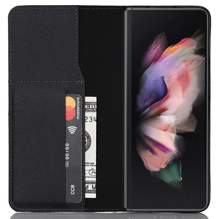 Textured Genuine Leather Case Hand Band Wallet Stand Cover with Pen Slot for Samsung Galaxy Z Fold3 5G - Black