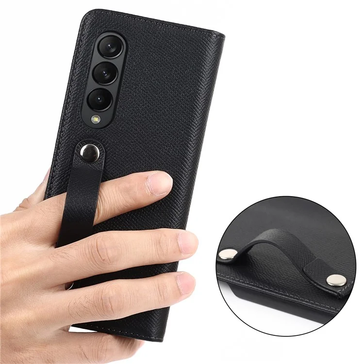 Textured Genuine Leather Case Hand Band Wallet Stand Cover with Pen Slot for Samsung Galaxy Z Fold3 5G - Black
