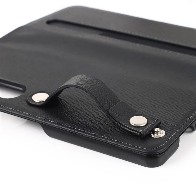 Textured Genuine Leather Case Hand Band Wallet Stand Cover with Pen Slot for Samsung Galaxy Z Fold3 5G - Black