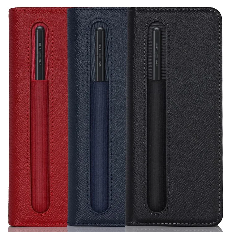 Textured Genuine Leather Case Hand Band Wallet Stand Cover with Pen Slot for Samsung Galaxy Z Fold3 5G - Black
