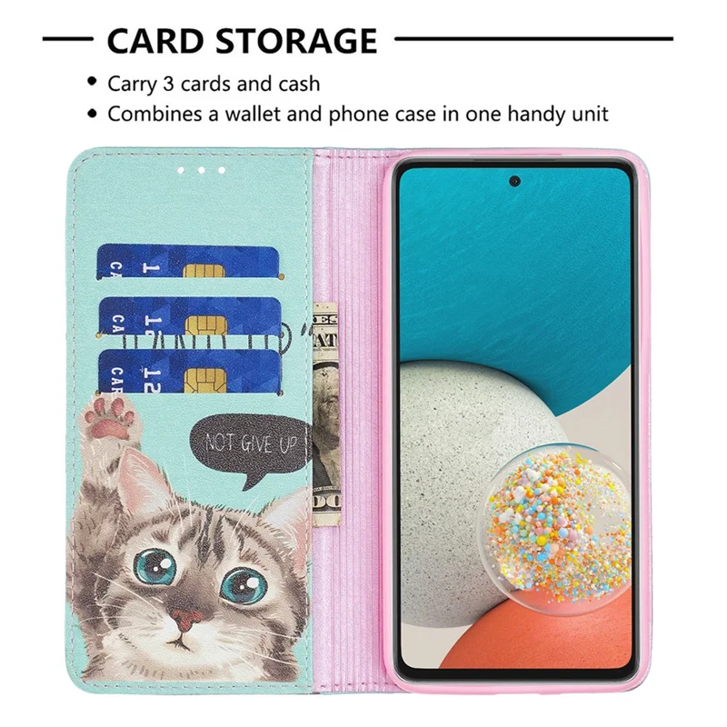 Magnetic Auto-absorbed Drop-resistant Pattern Printing Leather Case Wallet Stand Phone Flip Cover for Samsung Galaxy A53 5G - Cat