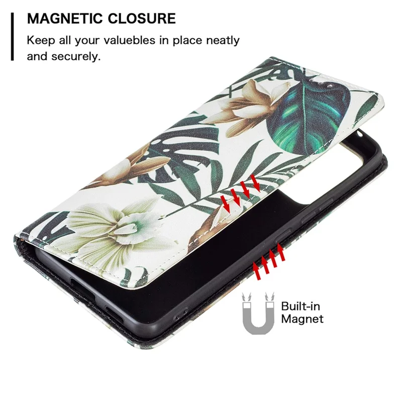 Magnetic Auto-absorbed Drop-resistant Pattern Printing Leather Case Wallet Stand Phone Flip Cover for Samsung Galaxy A53 5G - Flower and Leaves