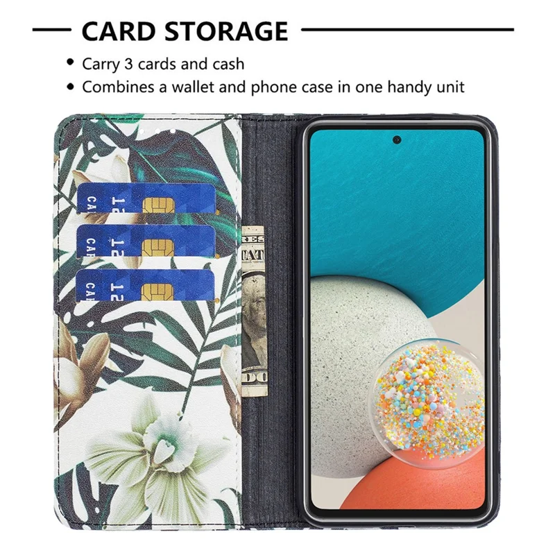 Magnetic Auto-absorbed Drop-resistant Pattern Printing Leather Case Wallet Stand Phone Flip Cover for Samsung Galaxy A53 5G - Flower and Leaves