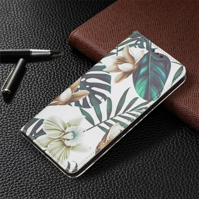 Magnetic Auto-absorbed Drop-resistant Pattern Printing Leather Case Wallet Stand Phone Flip Cover for Samsung Galaxy A53 5G - Flower and Leaves