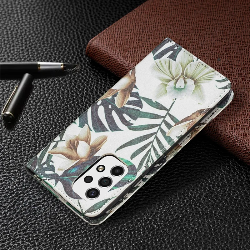 Magnetic Auto-absorbed Drop-resistant Pattern Printing Leather Case Wallet Stand Phone Flip Cover for Samsung Galaxy A53 5G - Flower and Leaves