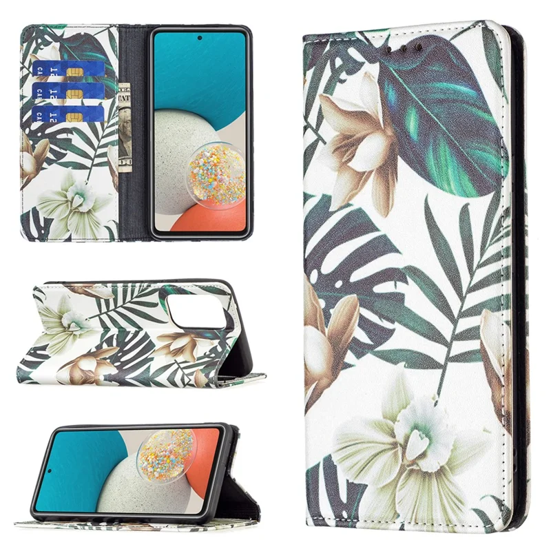 Magnetic Auto-absorbed Drop-resistant Pattern Printing Leather Case Wallet Stand Phone Flip Cover for Samsung Galaxy A53 5G - Flower and Leaves