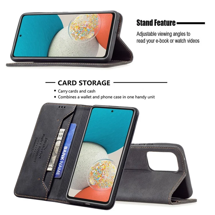 BINFEN COLOR BF08 Anti-fall Protection Phone Case Flip Design RFID Blocking Leather Stand Wallet Phone Cover Protector for Samsung Galaxy A53 5G - Black