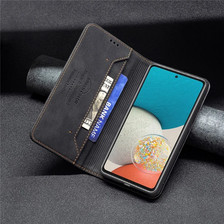 BINFEN COLOR BF08 Anti-fall Protection Phone Case Flip Design RFID Blocking Leather Stand Wallet Phone Cover Protector for Samsung Galaxy A53 5G - Black