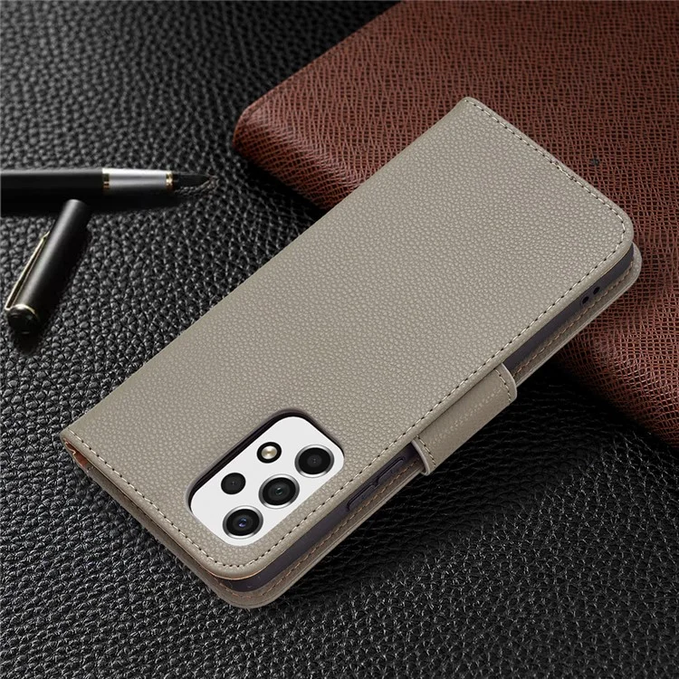 Solid Color Litchi Texture Shockproof Folio Flip Magnetic Closure Leather Case Cover with Wallet Stand for Samsung Galaxy A53 5G - Grey