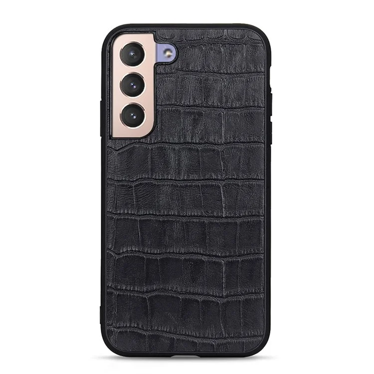 Crocodile Texture Genuine Leather Coating Phone Case PC + TPU Protective Cover for Samsung Galaxy S22 5G - Black