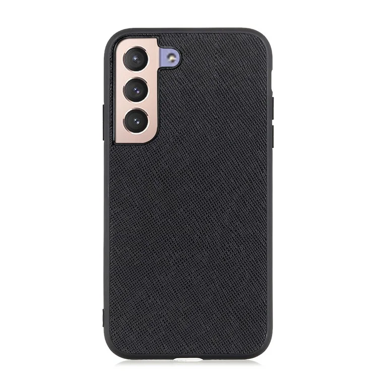 Cross Texture Genuine Leather Coated TPU + PC Hybrid Case Phone Protective Cover für Samsung Galaxy S22 5G - Schwarz