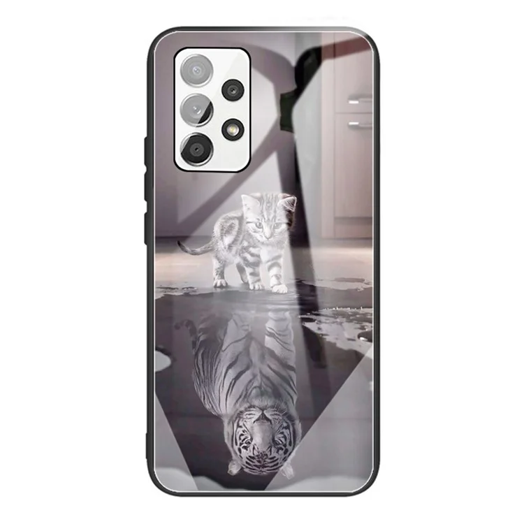 Per Samsung Galaxy A33 5G Pattern Printing Tempered Glass Back Soft TPU Shock Absorption Bumper Protective Case - Cat and Tiger