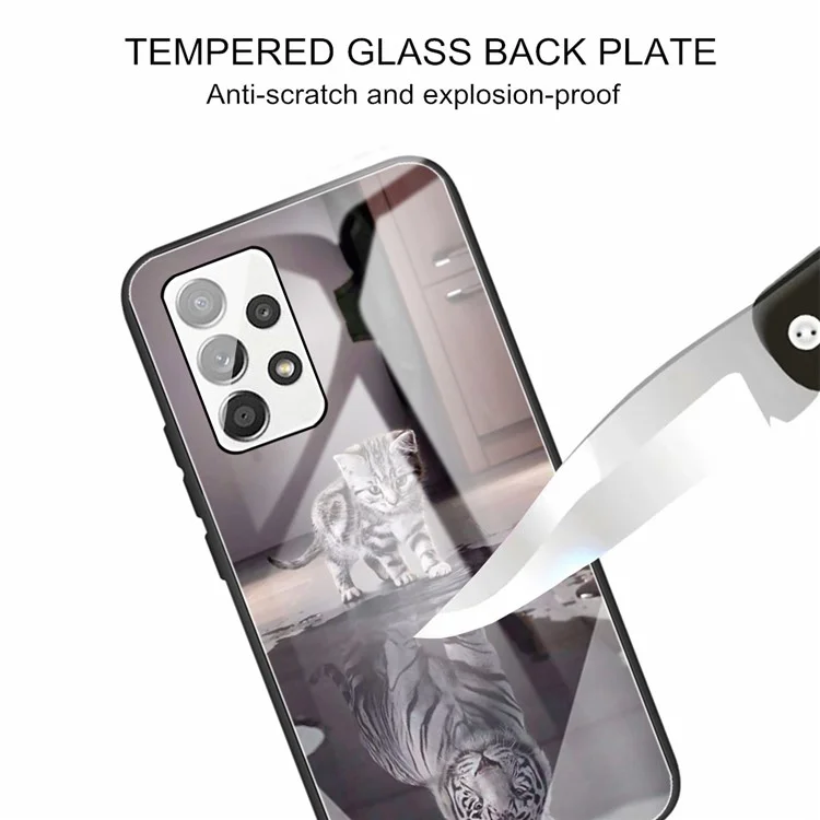 Per Samsung Galaxy A33 5G Pattern Printing Tempered Glass Back Soft TPU Shock Absorption Bumper Protective Case - Cat and Tiger