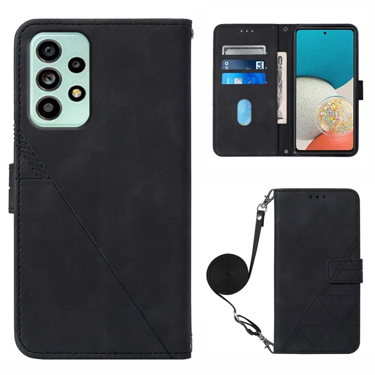 PB2-1 Series Lines Imprinting Folio Flip PU Leder Stand Wallet Phone Cover Case mit Schultergurt für Samsung Galaxy A53 5G - Schwarz