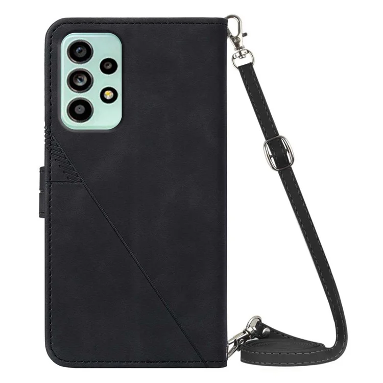 PB2-1 Series Lines Imprinting Folio Flip PU Leder Stand Wallet Phone Cover Case mit Schultergurt für Samsung Galaxy A53 5G - Schwarz