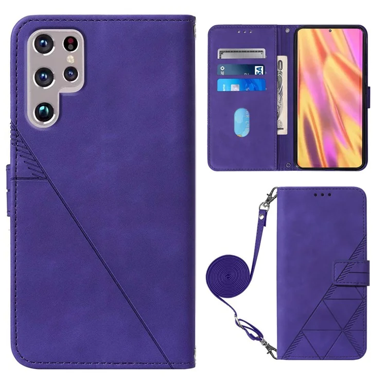 Серия PB2-1 Линии принтера PU Leather Hands-free Stand Wallet Phone Cover Magnetic Clasp Case with Shoulder Strap for Samsung Galaxy S22 Ultra 5G - Purple