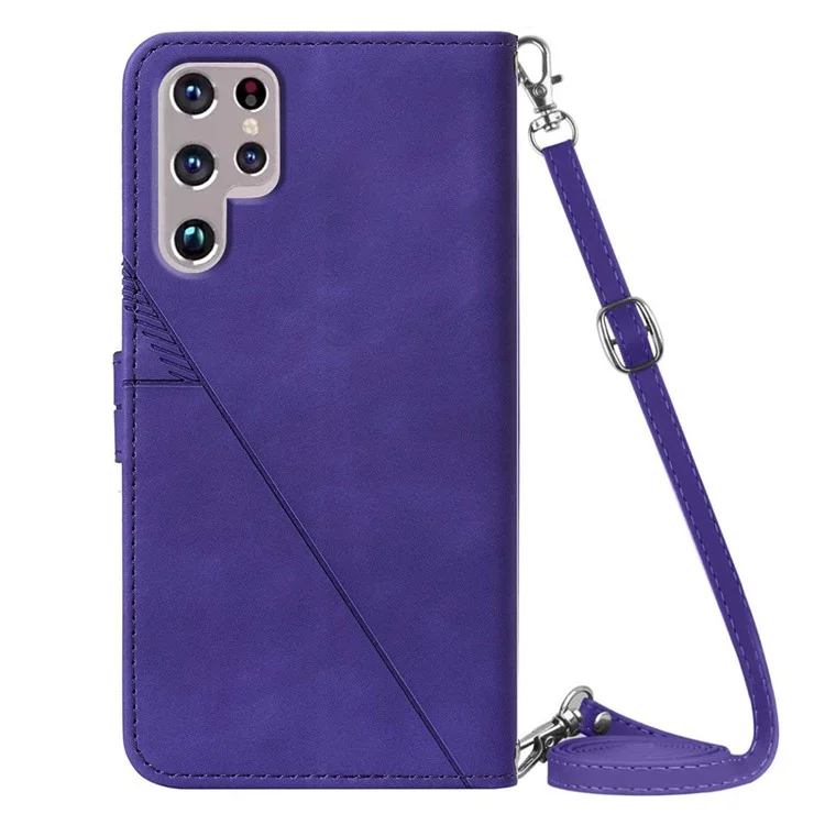 Серия PB2-1 Линии принтера PU Leather Hands-free Stand Wallet Phone Cover Magnetic Clasp Case with Shoulder Strap for Samsung Galaxy S22 Ultra 5G - Purple