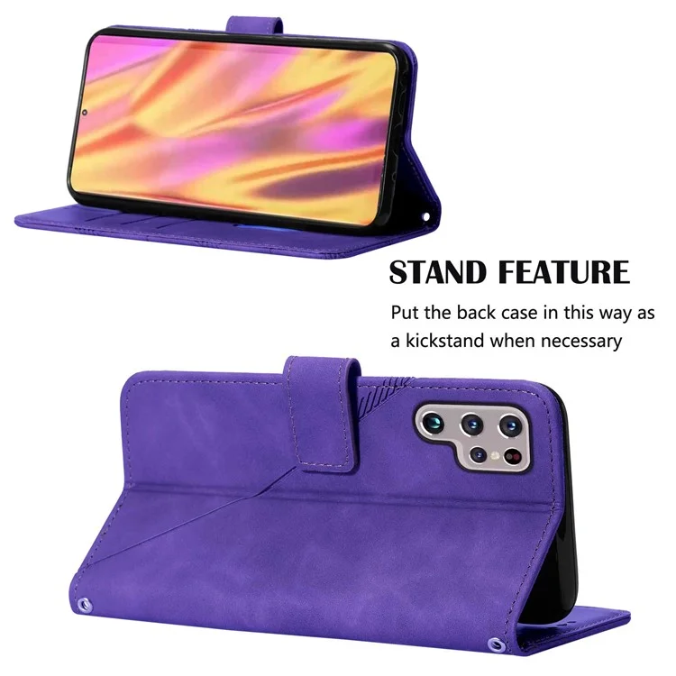 Серия PB2-1 Линии принтера PU Leather Hands-free Stand Wallet Phone Cover Magnetic Clasp Case with Shoulder Strap for Samsung Galaxy S22 Ultra 5G - Purple