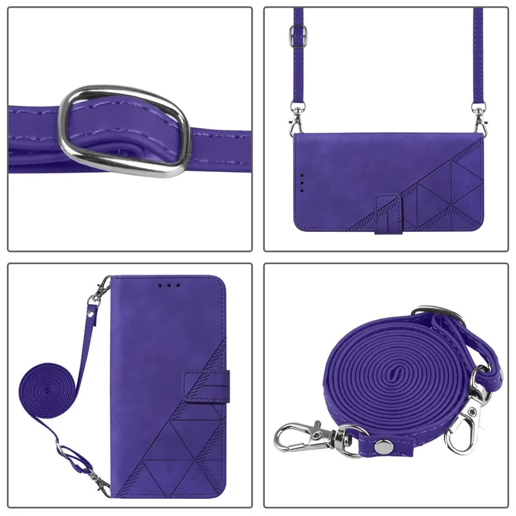 Серия PB2-1 Линии принтера PU Leather Hands-free Stand Wallet Phone Cover Magnetic Clasp Case with Shoulder Strap for Samsung Galaxy S22 Ultra 5G - Purple
