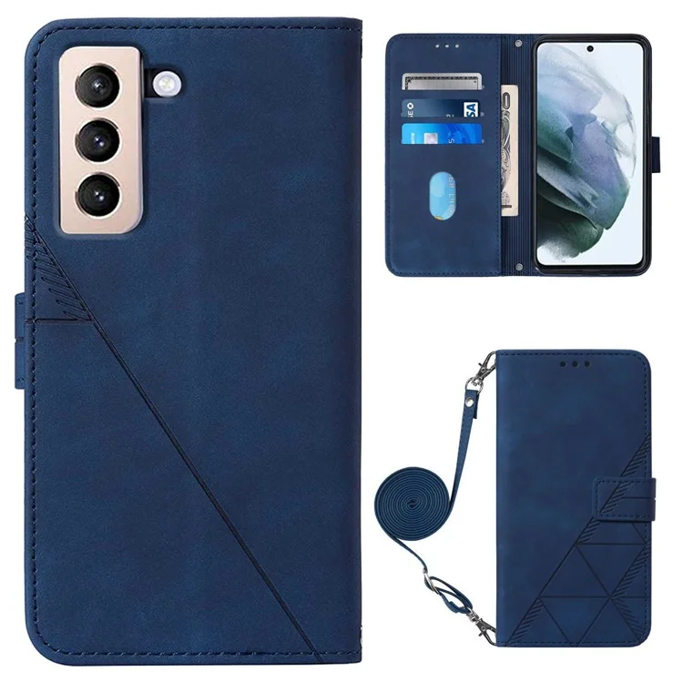 PB2-1 Série Lignes de protection globale Imprinting PU Leather Stand Wallet Phone Cover Magnetic Clasp Case with Shoulder Strap pour Samsung Galaxy S22+ 5G - Saphir