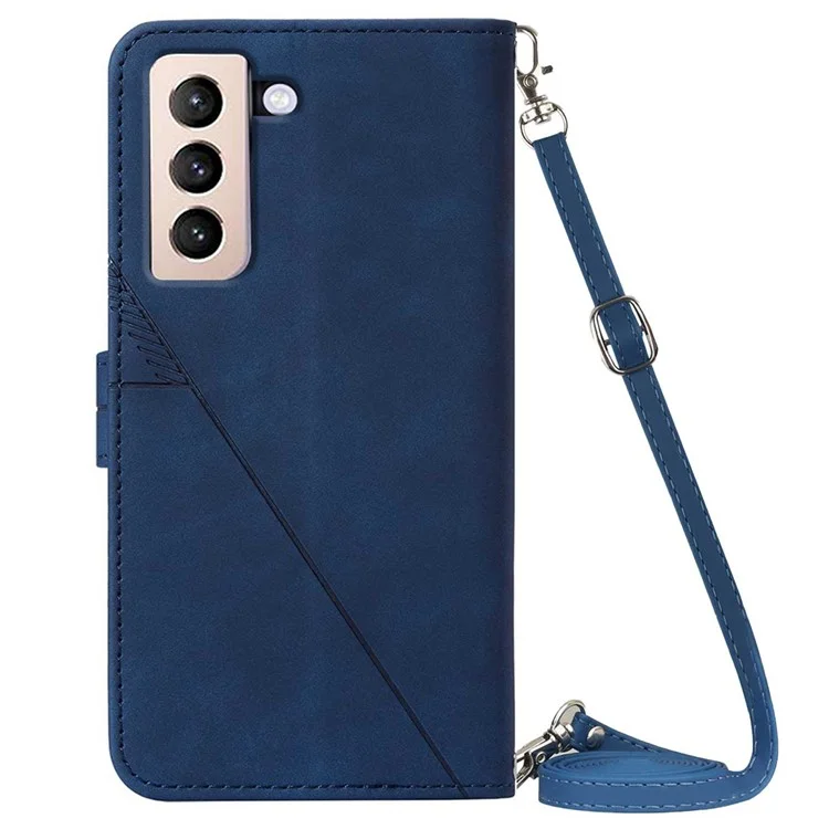 PB2-1 Série Lignes de protection globale Imprinting PU Leather Stand Wallet Phone Cover Magnetic Clasp Case with Shoulder Strap pour Samsung Galaxy S22+ 5G - Saphir