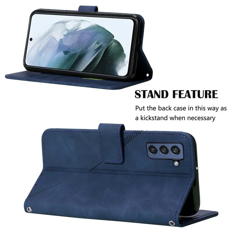 PB2-1 Série Lignes de protection globale Imprinting PU Leather Stand Wallet Phone Cover Magnetic Clasp Case with Shoulder Strap pour Samsung Galaxy S22+ 5G - Saphir