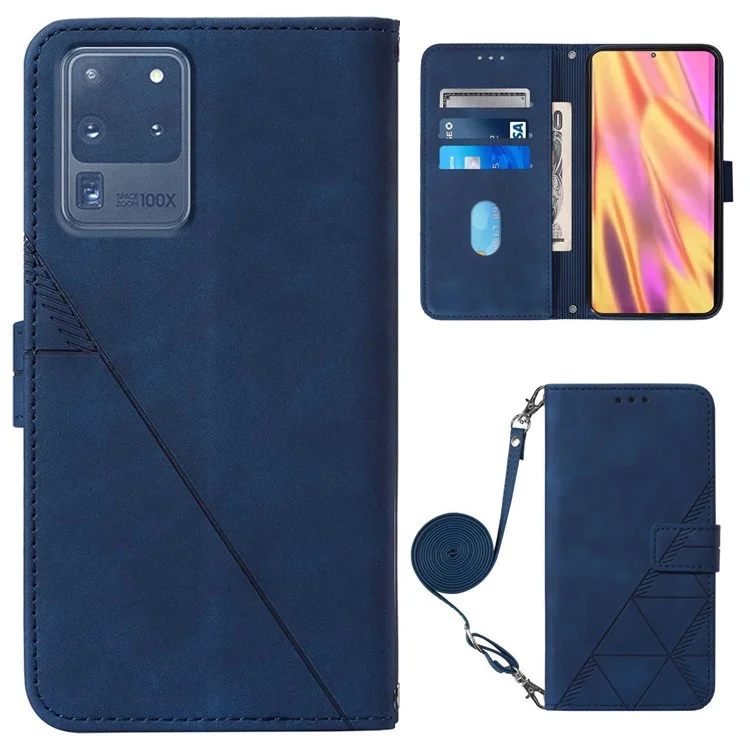 PB2-1 Serie Mode PU Leder Unterstützend Stand Wallet Phone Deckung Mobiltelefonhülle Mit Schultergurt Für Samsung Galaxy S20 Ultra - Saphir