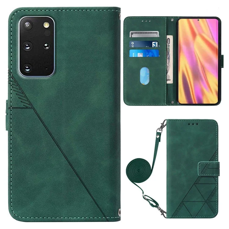 PB2-1 Serie Stylish Lines Imprinting Magnetic Clasp Anti-dust Mobile Phone Bag Case PU Leather + TPU Stand Wallet Phone Cover with Shoulder Strap for Samsung Galaxy S20 Plus 4G/5G - Verde Negruzco