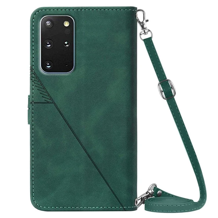 PB2-1 Serie Stylish Lines Imprinting Magnetic Clasp Anti-dust Mobile Phone Bag Case PU Leather + TPU Stand Wallet Phone Cover with Shoulder Strap for Samsung Galaxy S20 Plus 4G/5G - Verde Negruzco