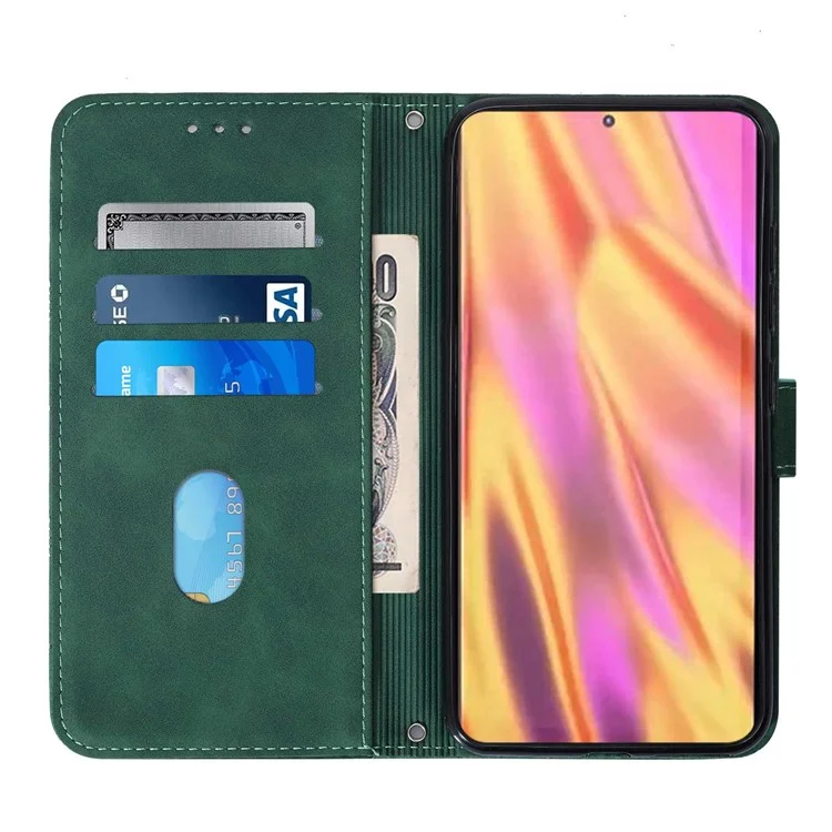 PB2-1 Serie Stylish Lines Imprinting Magnetic Clasp Anti-dust Mobile Phone Bag Case PU Leather + TPU Stand Wallet Phone Cover with Shoulder Strap for Samsung Galaxy S20 Plus 4G/5G - Verde Negruzco