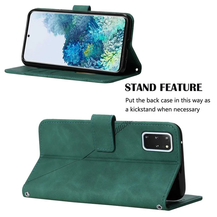 PB2-1 Serie Stylish Lines Imprinting Magnetic Clasp Anti-dust Mobile Phone Bag Case PU Leather + TPU Stand Wallet Phone Cover with Shoulder Strap for Samsung Galaxy S20 Plus 4G/5G - Verde Negruzco