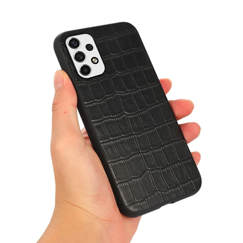 Genuine Leather Coated PC+TPU Case Crocodile Texture Anti-fall Cover for Samsung Galaxy A53 5G - Black