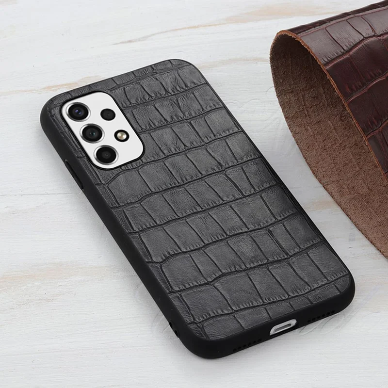 Genuine Leather Coated PC+TPU Case Crocodile Texture Anti-fall Cover for Samsung Galaxy A53 5G - Black