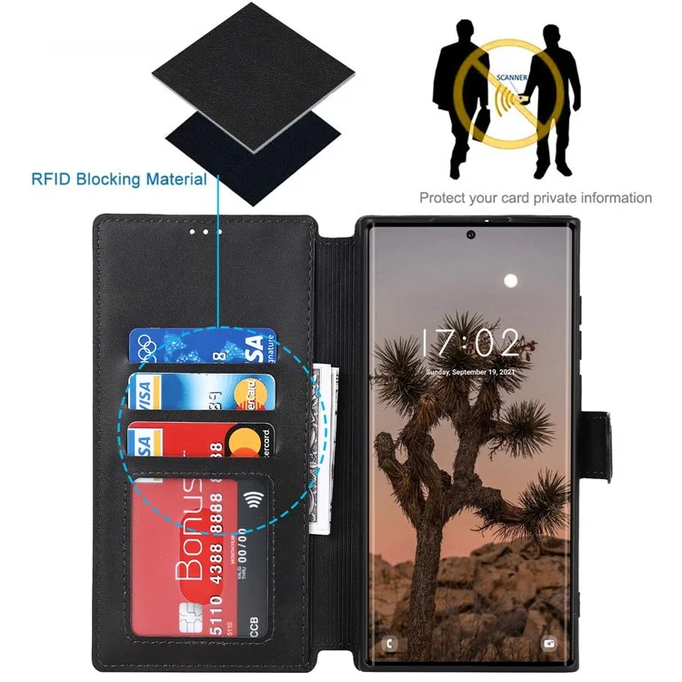 Capa Carteira de Couro PU Retrô Flip Stand TPU à Prova de Choque com Bloqueio RFID para Samsung Galaxy S22 Ultra 5G - Preto 
