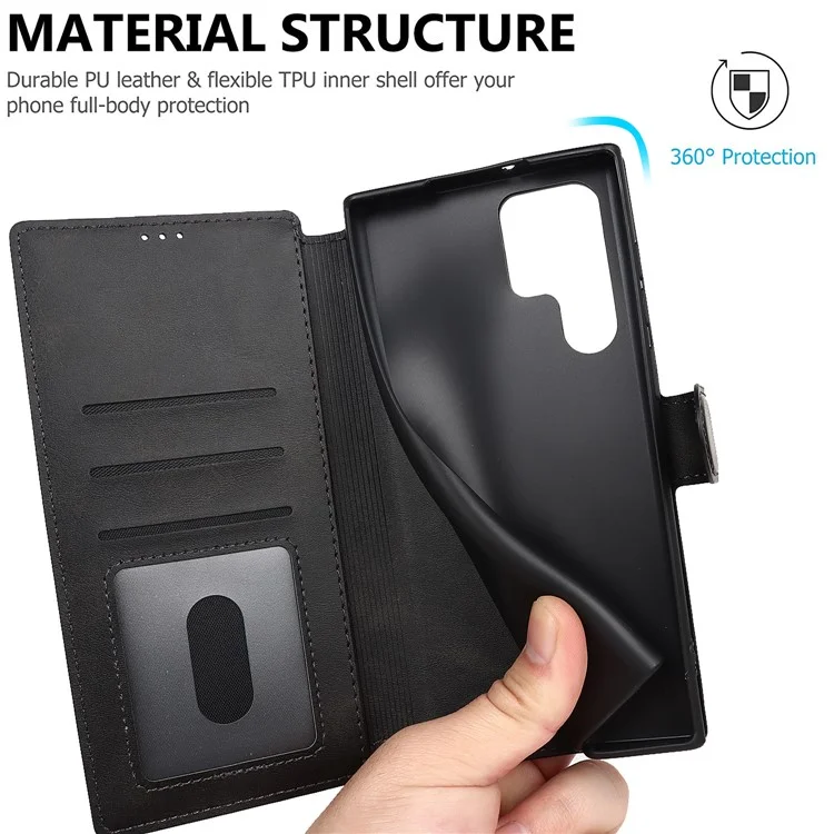 Capa Carteira de Couro PU Retrô Flip Stand TPU à Prova de Choque com Bloqueio RFID para Samsung Galaxy S22 Ultra 5G - Preto 