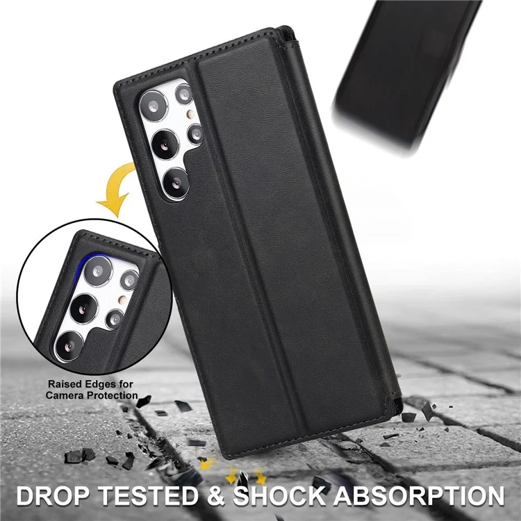 Capa Carteira de Couro PU Retrô Flip Stand TPU à Prova de Choque com Bloqueio RFID para Samsung Galaxy S22 Ultra 5G - Preto 