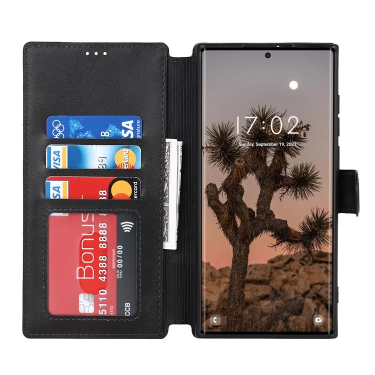 Capa Carteira de Couro PU Retrô Flip Stand TPU à Prova de Choque com Bloqueio RFID para Samsung Galaxy S22 Ultra 5G - Preto 