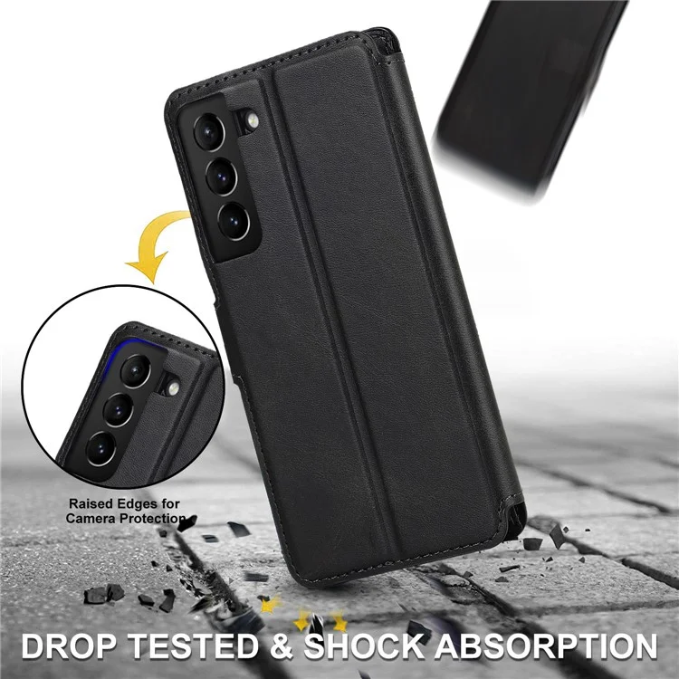 Capa de Carteira Vintage Texture Matte PU Leather Folio Flip Stand RFID Blocking Magnetic para Samsung Galaxy S22 5G - Preto