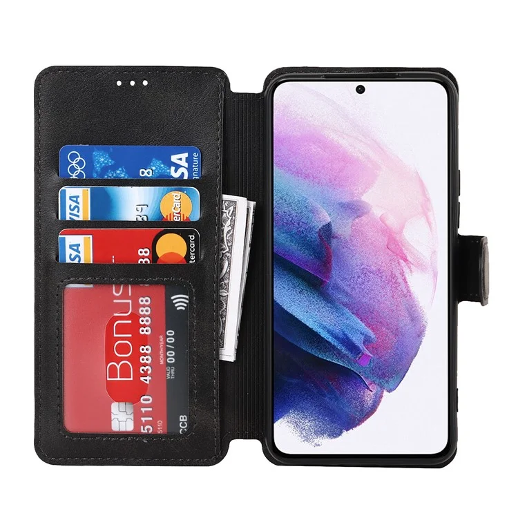 Capa de Carteira Vintage Texture Matte PU Leather Folio Flip Stand RFID Blocking Magnetic para Samsung Galaxy S22 5G - Preto