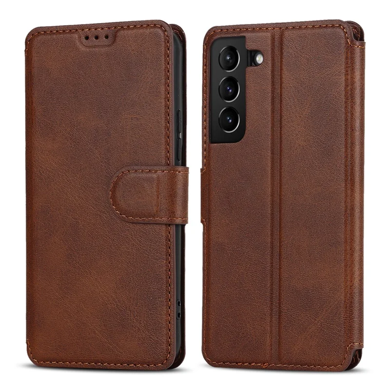 Vintage Texture Matte PU Leather Folio Flip Stand Case RFID Blocking Magnetic Wallet Cover for Samsung Galaxy S22 5G - Dark Brown