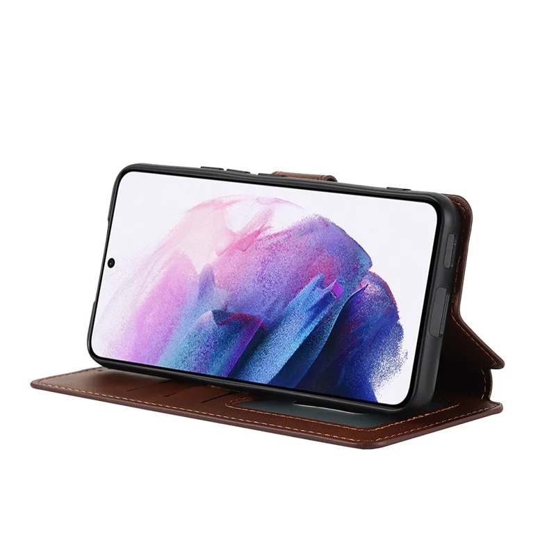 Vintage Texture Matte PU Leather Folio Flip Stand Case RFID Blocking Magnetic Wallet Cover for Samsung Galaxy S22 5G - Dark Brown