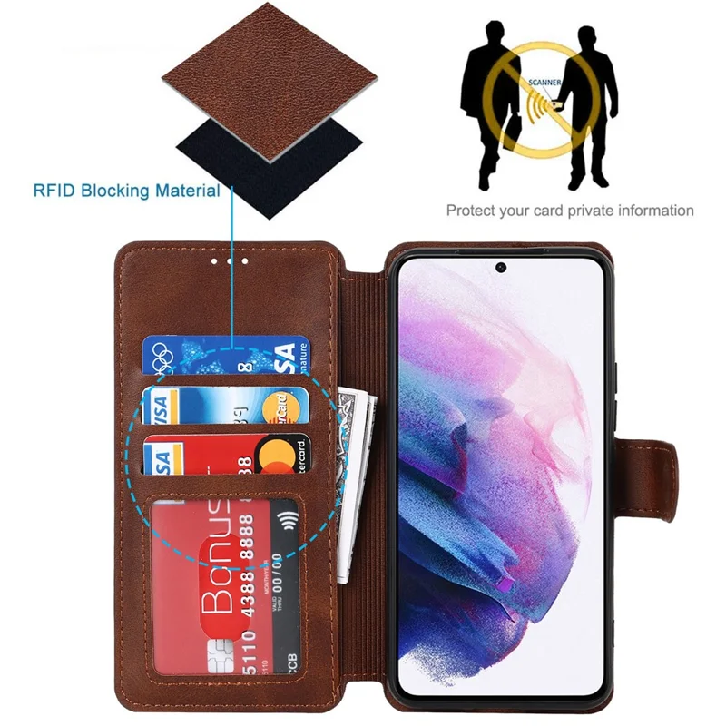 Vintage Texture Matte PU Leather Folio Flip Stand Case RFID Blocking Magnetic Wallet Cover for Samsung Galaxy S22 5G - Dark Brown