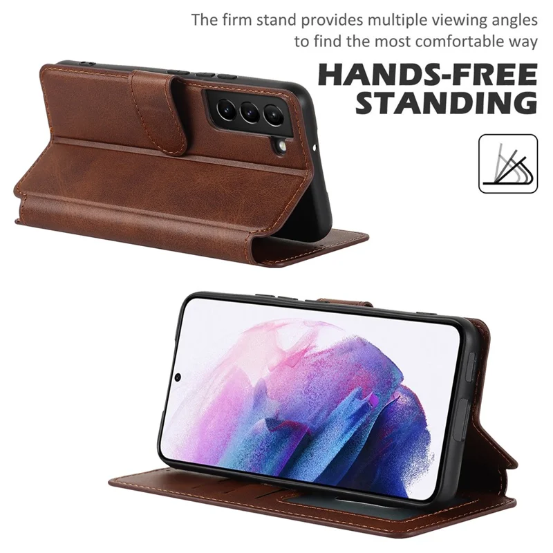 Vintage Texture Matte PU Leather Folio Flip Stand Case RFID Blocking Magnetic Wallet Cover for Samsung Galaxy S22 5G - Dark Brown