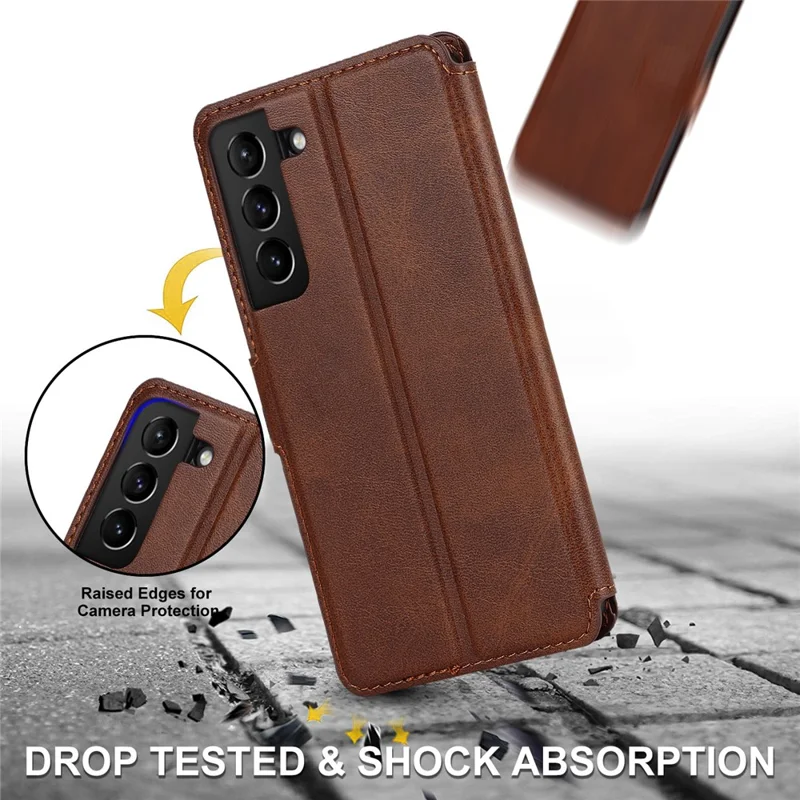 Vintage Texture Matte PU Leather Folio Flip Stand Case RFID Blocking Magnetic Wallet Cover for Samsung Galaxy S22 5G - Dark Brown