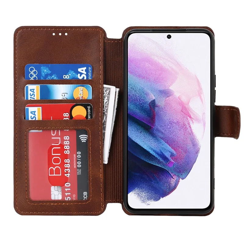 Vintage Texture Matte PU Leather Folio Flip Stand Case RFID Blocking Magnetic Wallet Cover for Samsung Galaxy S22 5G - Dark Brown