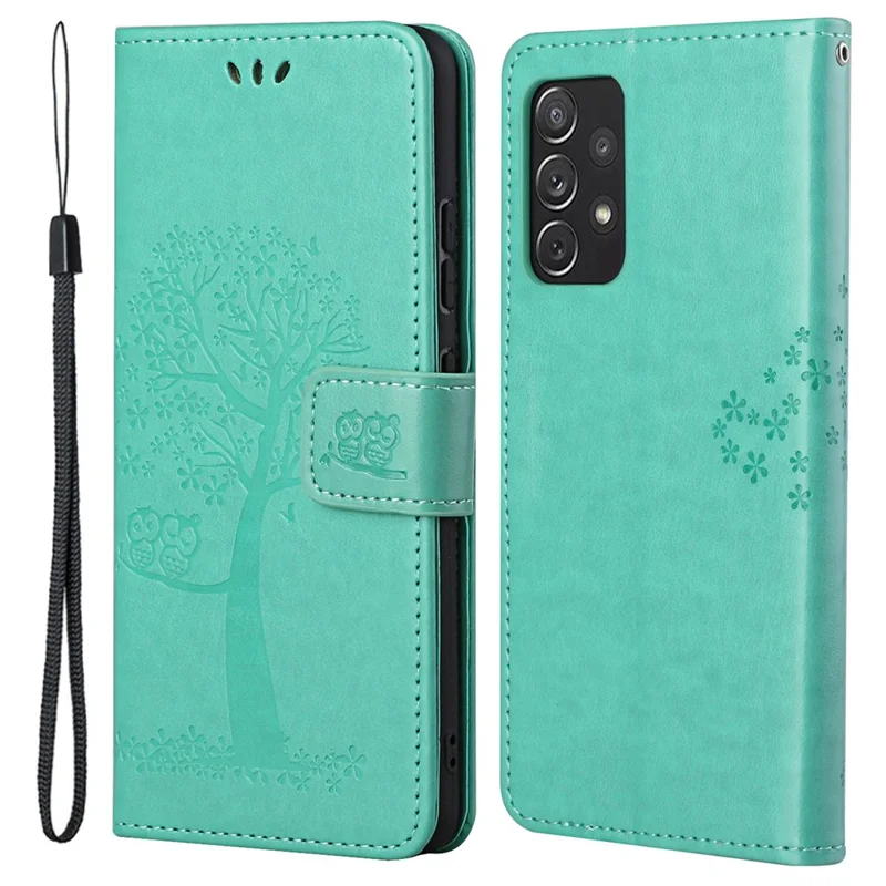 Owl Tree Pattern Imprinted Magnetic Clasp TPU and PU Leather Phone Case Stand Wallet Cover with Strap for Samsung Galaxy A73 5G - Green