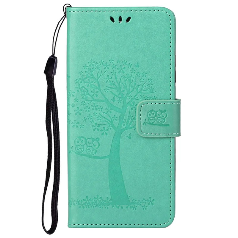 Owl Tree Pattern Imprinted Magnetic Clasp TPU and PU Leather Phone Case Stand Wallet Cover with Strap for Samsung Galaxy A73 5G - Green