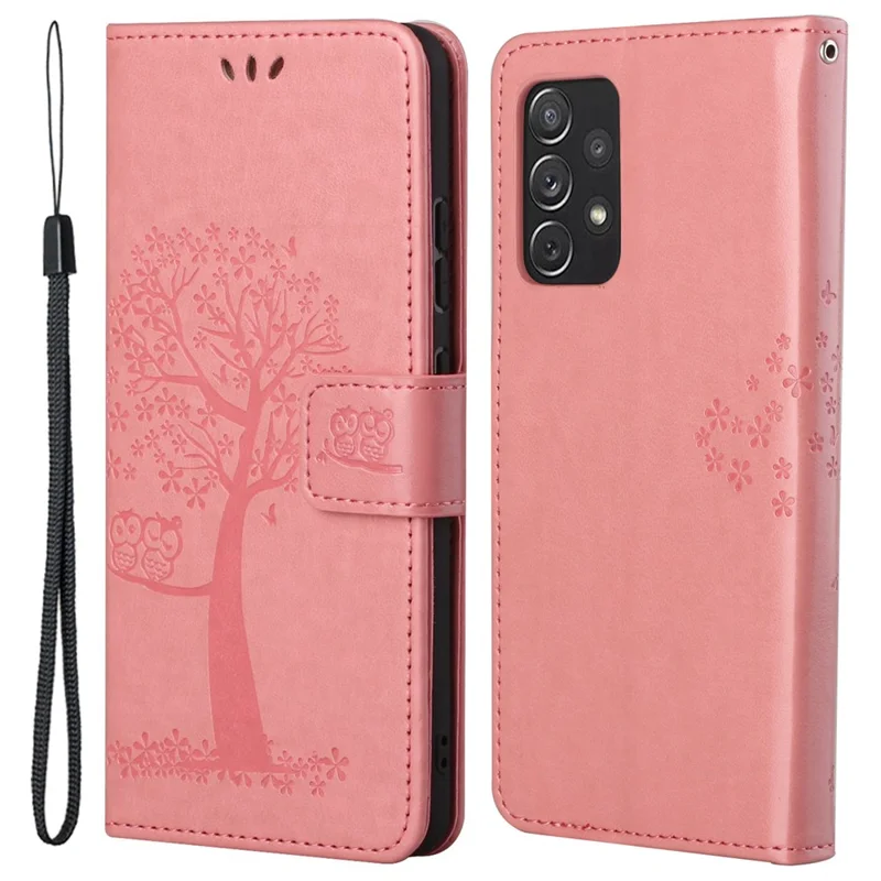 Owl Tree Pattern Imprinted Magnetic Clasp TPU and PU Leather Phone Case Stand Wallet Cover with Strap for Samsung Galaxy A73 5G - Pink